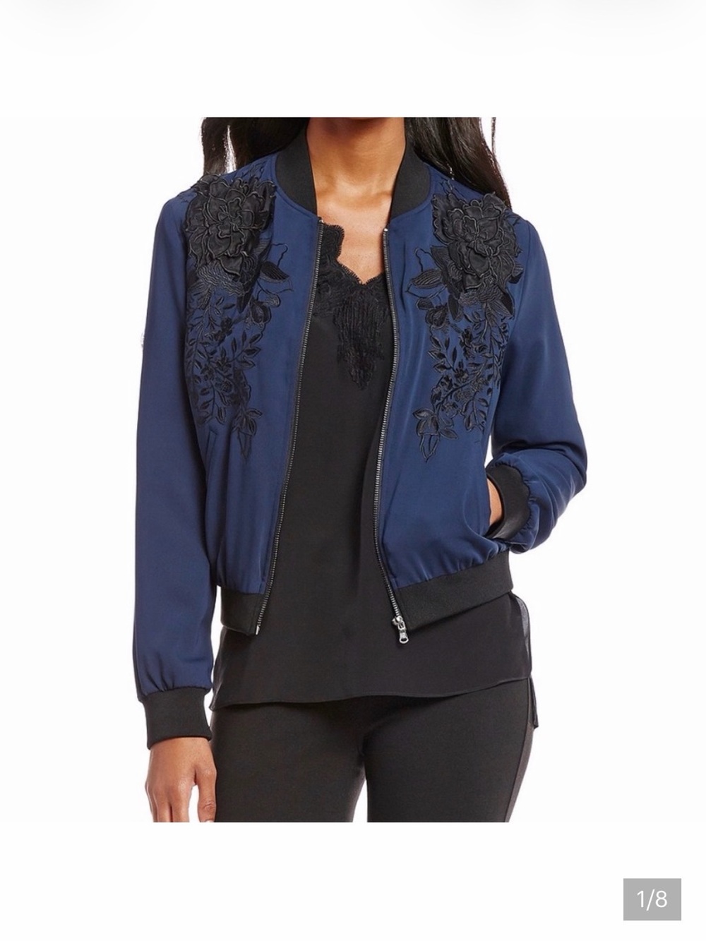 Fall fav mika mindel Navy Floral Appliqué Bomber Jacket
